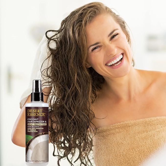 Desert Essence Coconut Hair Defrizzer & Heat Protector 8 fl oz - Gluten Free, Vegan, Cruelty Free - Coconut Oil & Jojoba Seed Extract - Protects Hair from Heat & Styling Damage
