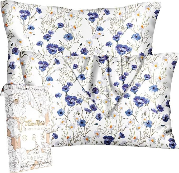 Silk Pillowcase 2 Pack - Pillow Cases 20" x 36" King Size Set of 2 for Hair and Skin Smooth Soft Breathable with Hidden Zipper Cooling Pillow Covers for Sleeping, Blue Daisy