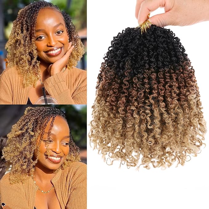 COOKOO 8 PCS Pre-twisted Yanky Twists Synthetic Crochet Braiding Hair 8 Inch Ombre Brown to Blonde Pre Looped Spring Twists Hair Short Water Wave Passion Twists Crochet Hair with Curls 1B/30/27#