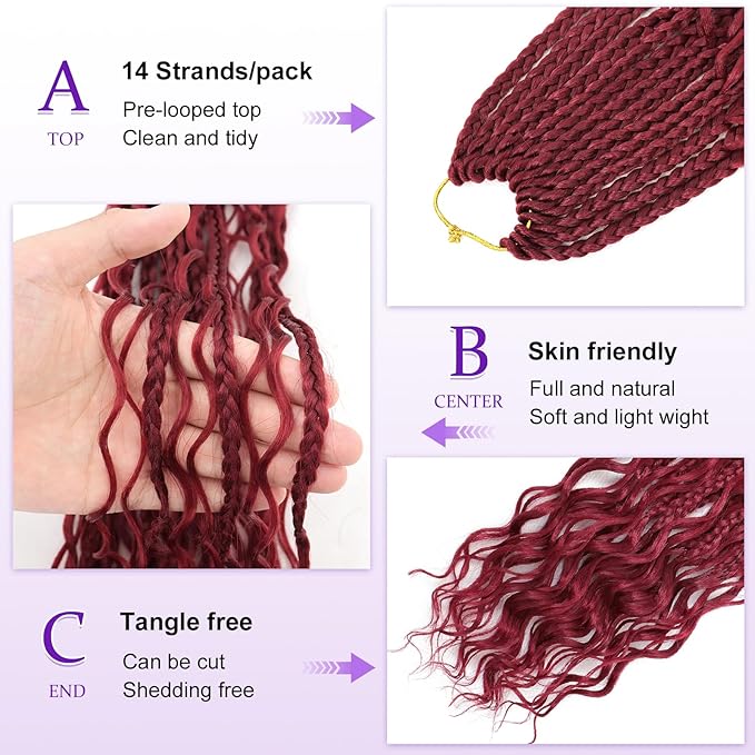 Eacia Goddess Box Braids Crochet Hair 14 Inch 7 Packs Burgundy Boho Box Braids with Curly Ends Pre looped Crochet Hair for Women(14 Inch, Burgundy#)