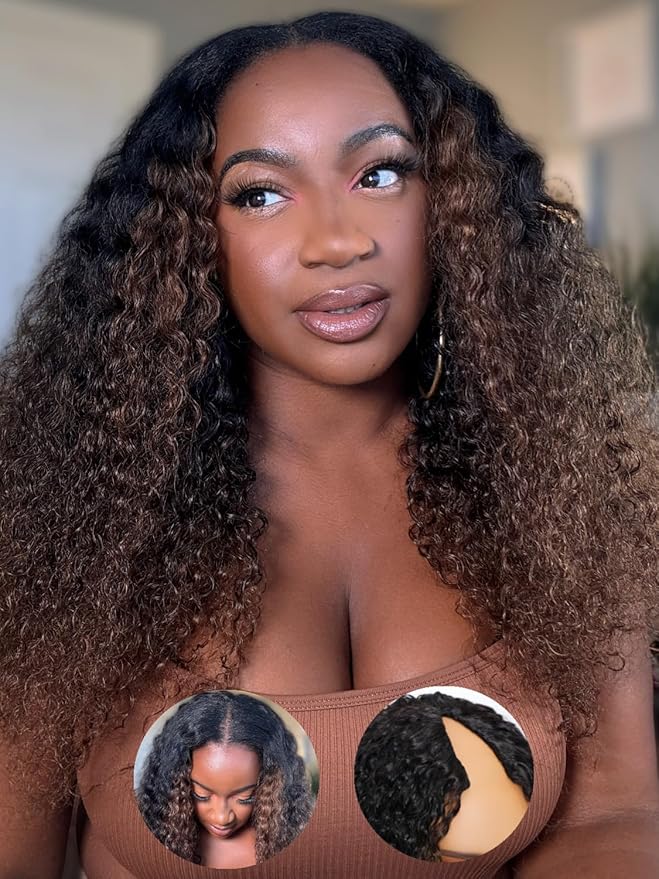 Julia Hair EasiContour V Part Curly Wigs Human Hair 12A Ombre Black to Chestnut Brown Glueless Wigs Clip in Vpart Wig No Leave Out Upgrade U Part Wig Beginner Friendly Ready to Go 24 Inch