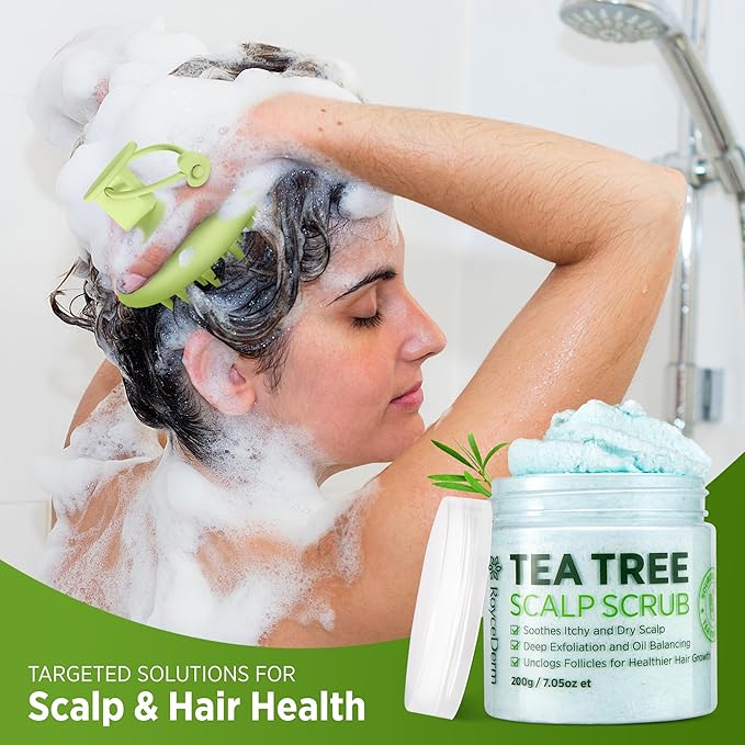 Roycederm Tea Tree Scalp Scrub with Scalp Massager Brush - Deep Cleansing & Exfoliating Pre-Shampoo Treatment for Dry, Flaky Scalp – Gently Refreshes, Hydrates & Balances Scalp