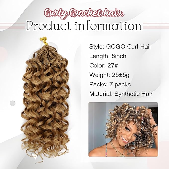 7 Packs Gogo Curl Crochet Hair for Women 8 Inch Pre-Twisted Curly Crochet Hair Deep Ocean Beach Curl Crochet Braids Synthetic Braiding Hair Extensions (8 Inch, 27)