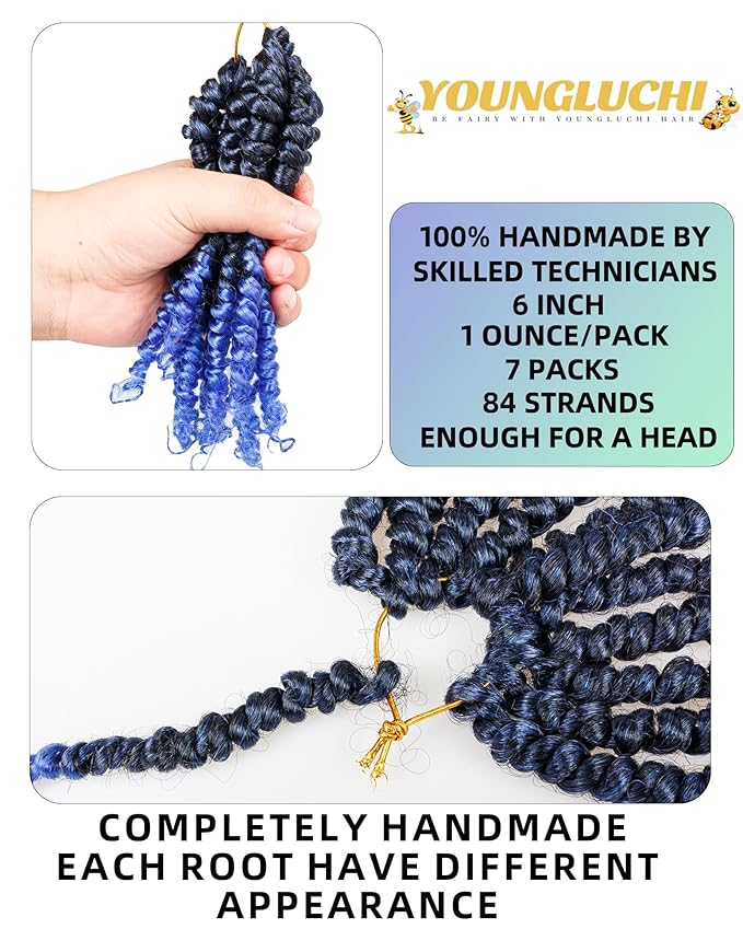 Super Short Passion Twist Crochet Hair for Black Women and Kids-6 Inch 7 Packs Ombre Blue Pre Looped Pre-twisted Passion Twist Hair,Bob Spring Kinky Twist Bohemian Curl(6"-7P,TBlue)