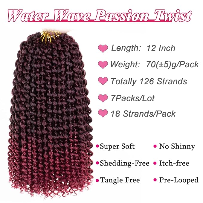 Leeven 12 Inch Ombre Burgundy Water Wave Crochet Hair For Passion Twist 7 Packs Short Bob Passion Twists Hair for Butterfly Locs Synthetic Spring Twist Braiding Hair for Women TBUG#
