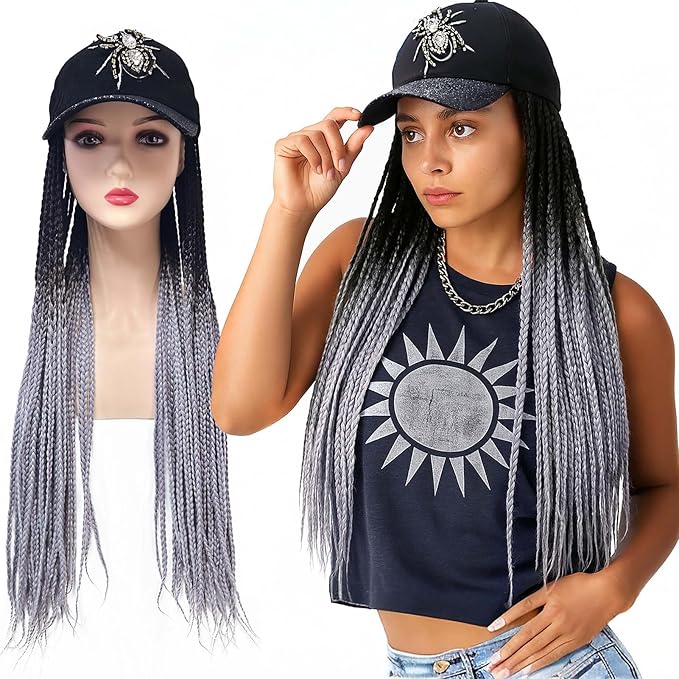 Baseball Cap Wig 24-Inch Crochet Box Braids, Ombre Silver Grey Wig 3x Braids, Hat with Hair Attached for Women