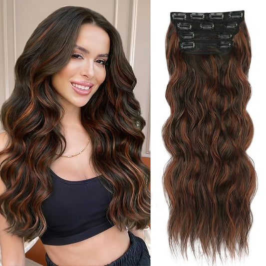 ALXNAN Clip in Long Wavy Synthetic Hair Extension 24 Inch Dark Brown with Reddish Brown Highlights 4PCS Thick Hairpieces Fiber Double Weft Hair for Women