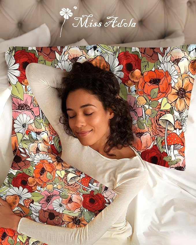 Silk Pillowcase 2 Pack - Cute Pillow Cases 20" x 26" Standard Size Set of 2 for Hair and Skin Smooth Soft Breathable with Hidden Zipper Cooling Pillow Covers for Sleeping, Mushroom Bushes