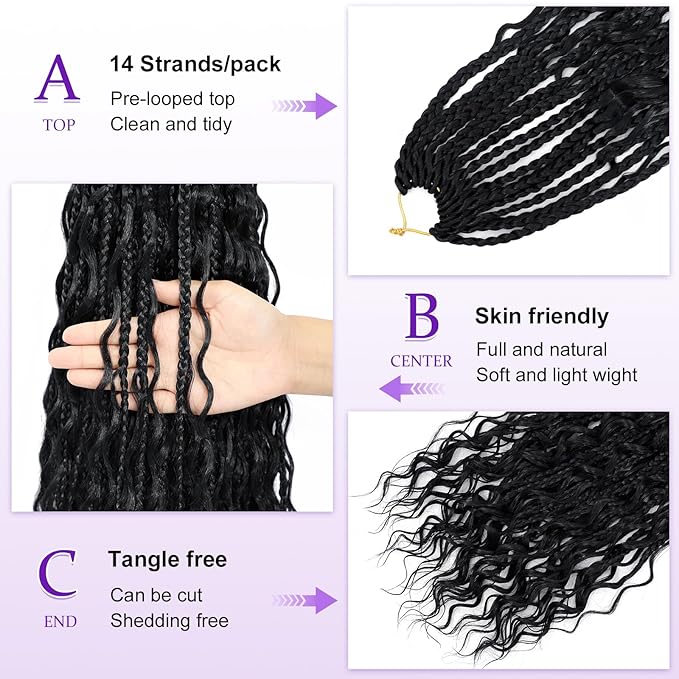 Eacia Goddess Box Braids Crochet Hair 18 Inch 7 Packs Pre looped Boho Braids Crochet Hair Bohemian Box Braid with Curly Ends for Women(18 Inch, 1B#)