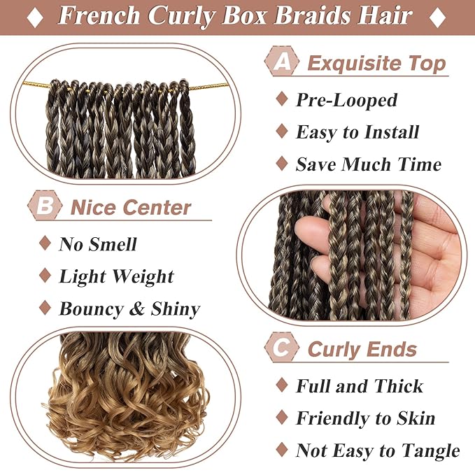 18 Inch French Curl Crochet Braids 9 Packs Ombre Blonde Pre Looped Goddess Box Braids with Curly Ends Synthetic Bouncy Crochet Hair for Women