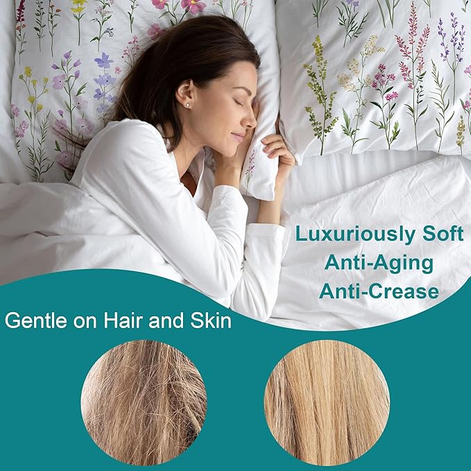 Satin Pillowcase Wildflowers and Plants Similar to Silk Pillow Cases for Hair and Skin, 1 Pack Soft Smooth Breathable Cool Pillow Cases, King Size with Hidden Zipper 20" x 36"