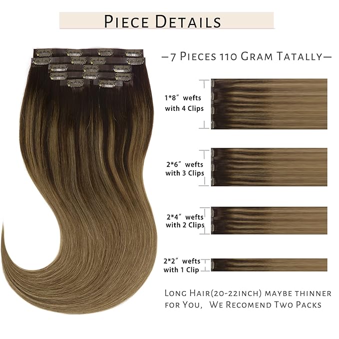 Caliee Clip in Hair Extensions Human Hair 18 Inch Dark Brown to Chestnut Brown Balayage Straight Human Hair Clip in Extensions 110G Ultra Thin PU Weft 7 Pieces