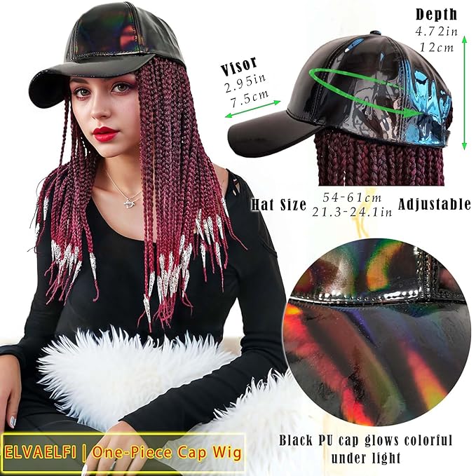 14" Box Braid Hair Extensions Burgundy w/Silver Clasps, PU Baseball Cap Wig for Women Girls Easy Wear