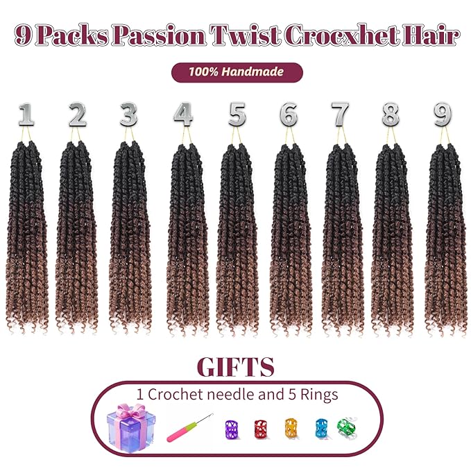 9 Packs Pre-Twisted Passion Twist Crochet Hair,10 Inch Ombre Crochet Twists Pre Looped Short Passion Twist Crochet Braiding Hair Extensions for Women(10 Inch,T1B/33/30#)