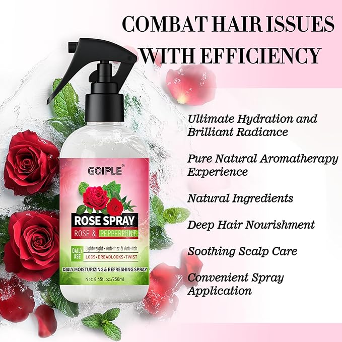 Rose Water for Hair Moisturizing Refreshing Spray for Locs - Rose Water and Peppermint Hair Scalp Moisturizer Hydrating Dreadlock Spray to Nourish Prevents Dry Natural Loc Care and Maintenance 250ML