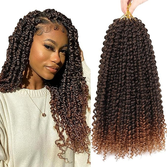 Dorsanee Ombre Brown Passion Twist Hair 14 Inch 7 Packs Water Wave Crochet Hair Long Bohemian Curly Braiding Hair for Butterfly Locs, Faux Locs, Boho Style Spring Twist Crochet Braids (T30#)