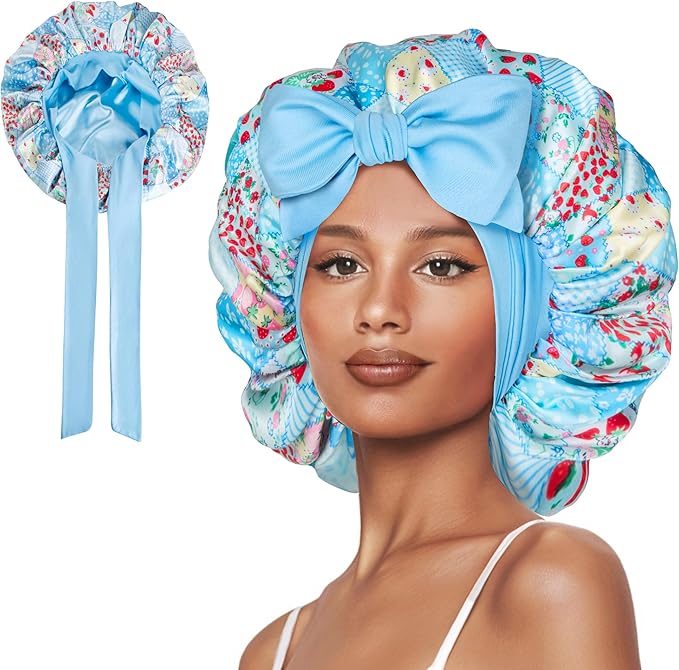 Double Layer Silk Bonnet with Tie Satin Lined Sleep Cap Hair Cover for Women's Curly Natural Hair