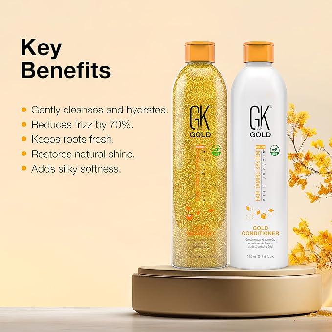 GK Hair Gold Shampoo and Conditioner Set for Daily Use Gentle Fragrance with Keratin Argan Oil Aloe Vera and Shea Butter Hydrates Adds Shine Reduces Frizz for Dry and Damaged Hair