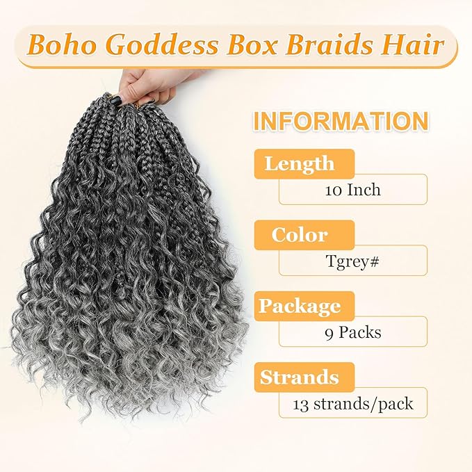 Goddess Box Braids Crochet Hair 10 Inch Boho Crochet Box Braid, 9 Packs Boho Box Braids Crochet Hair For Black Women Pre Looped Box Braids Crochet Hair (10Inch 9 Packs,TGrey)