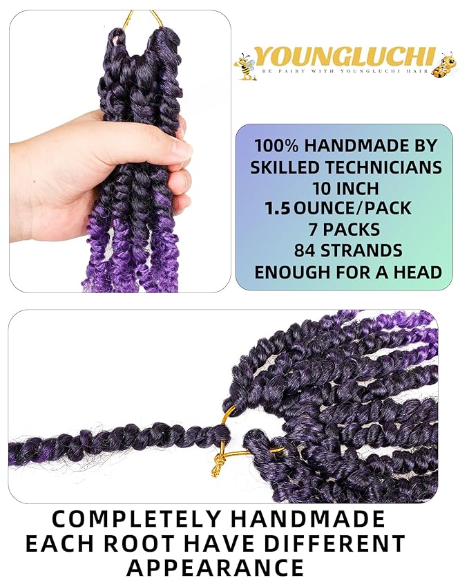 Passion Twist Crochet Hair for Black Women and Kids-10 Inch 7 Packs Pre Looped Pretwisted Ombre Purple Crochet Hair,Soft Hair Extensions Braided by Spring Kinky Twist Bohemian Curl(T1B/Purple)