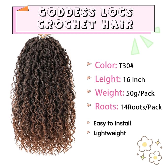 Fulcrum Goddess Locs Crochet Hair 16 Inch, 8 Packs New Faux Locs Crochet Hair for Black Women, Crochet locs with Curly Ends (16Inch (Pack of 8), T30#)