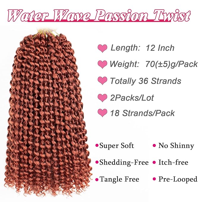 Leeven 2 Packs Copper Red Passion Twist Hair 12 Inch Water Wave Crochet Braids Hair for Distressed Butterfly Locs 350 Color Synthetic Hot Water Setting Passion Twists Hair Extensions