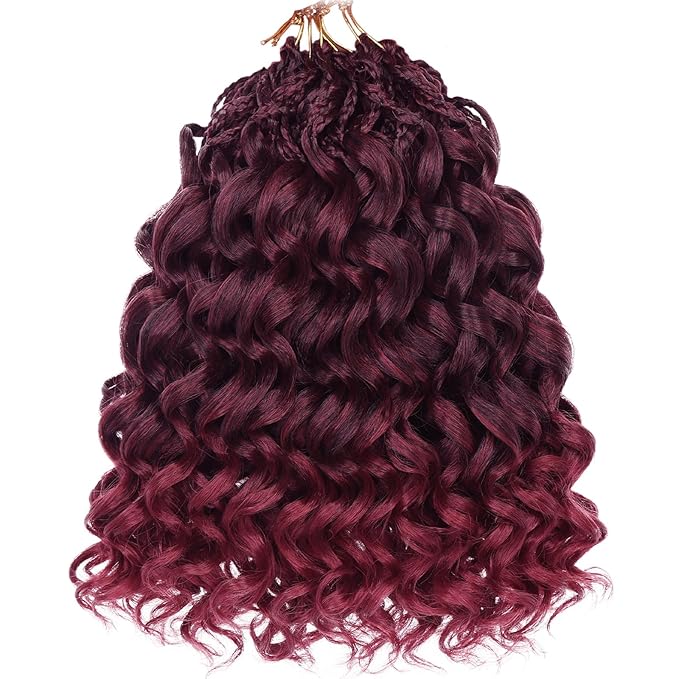 XTREND 8 Packs Gogo Curly Crochet Hair 10 Inch Pre Looped Ocean Wave Burgundy Deep Twist Short Curly Bohemian Box Braids Synthetic Water Wave Crochet Hair for Women (16Strands/pack TBUG#)