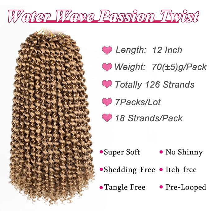 Leeven 12 Inch Blonde Short Water Wave Passion Twist Crochet Braiding Hair 7 Packs Synthetic Hot Water Setting Twist Hair Extensions for Distressed Butterfly Locs Pre looped Passion Braids Hair 27#
