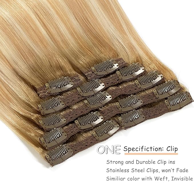 Caliee Remy Human Hair Extensions Clip in 14 Inch Color R8-12/60A Ombre Ash Brown to Light Golden Brown Mixed Platinum Brown Straight Hair Extensions Clip in Hair Extensions Silky 7Pcs 120G