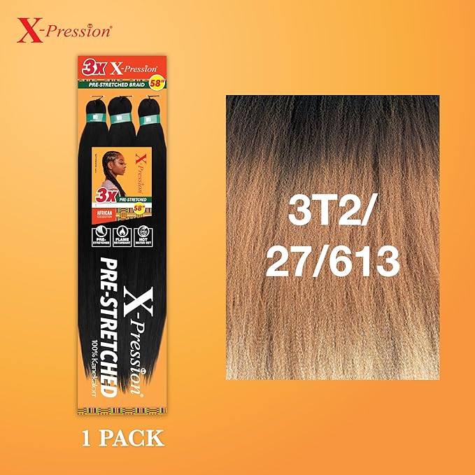 Sensationnel X-pression prestretched braiding hair - 3x braid 58 inch all kanekalon flame retardant synthetic braid for box braids and twists (1 pack, 3T2/27/613)