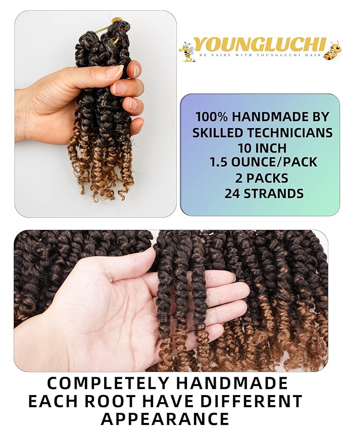 Pre-Twisted Passion Twist Crochet Hair for Black Women Passion Twist Hair Pre Looped Bohemian Braids 10 Inch 2 Packs Ombre Black to Blonde Short Bob Curly Braiding Hair Extensions(10"-2P,T1B/27)