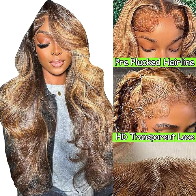 32 Inch Highlight Honey Blonde Lace Front Wig 13×6 Ombre P4/27 Highlight colored Lace Front Wigs Human Hair Pre Plucked Bleached Knots 180% Density