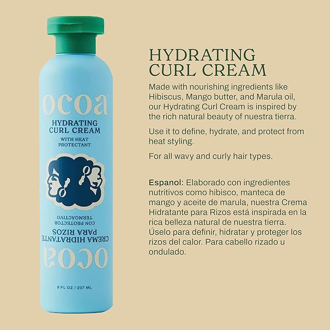 OCOA Beauty Hydrating Curl Cream with Hibiscus, Mango Butter, and Marula Oil - Defines, Moisturizes, Controls Frizz & Protects from Heat - For Curly & Wavy Hair, 8 oz