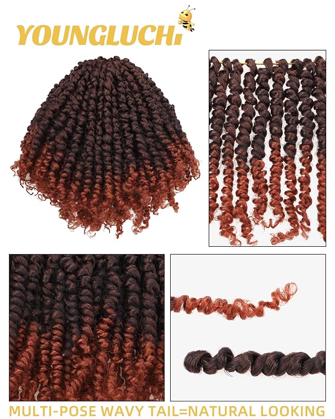 Pre-Twisted Passion Twist Crochet Hair for Black Women Passion Twist Hair Pre Looped Bohemian Braids 10 Inch 7 Packs Ombre Ginger Short Bob Curly Braiding Hair Extensions(10"-7P,T1B/350)