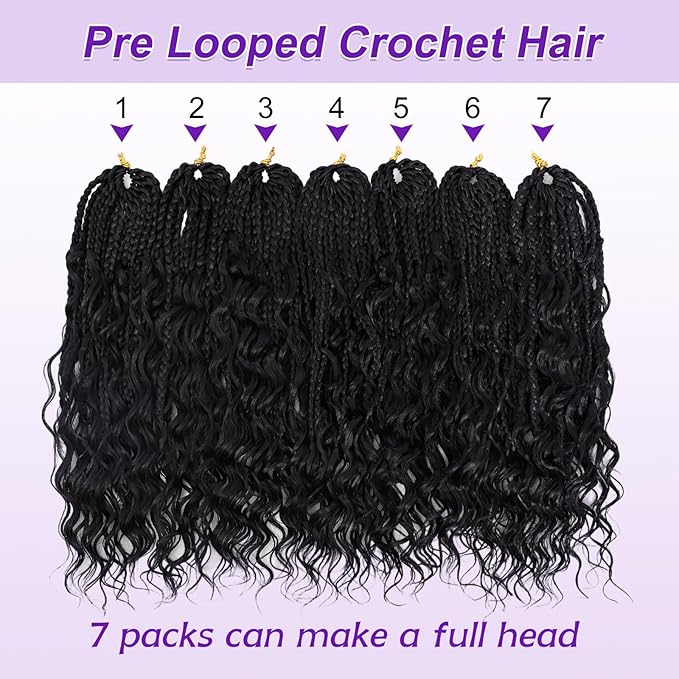Eacia Goddess Box Braids Crochet Hair 14 Inch 7 Packs Pre looped Boho Braids Crochet Hair Bohemian Box Braid with Curly Ends for Women(14 Inch, 1B#)