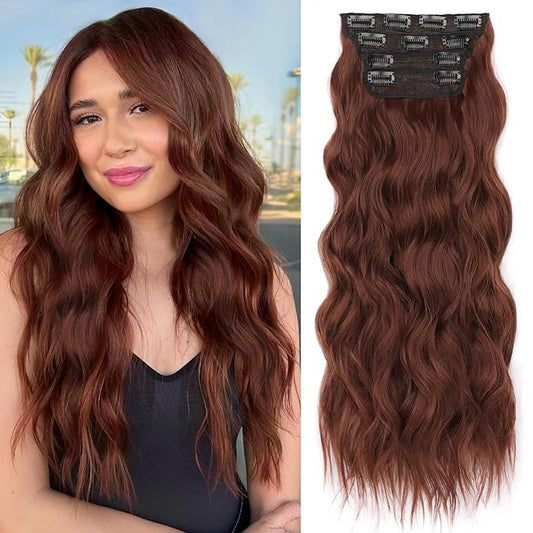 ALXNAN Clip in Long Wavy Synthetic Hair Extension 24 Inch Reddish Brown 4PCS Thick Hairpieces Fiber Double Weft Hair for Women