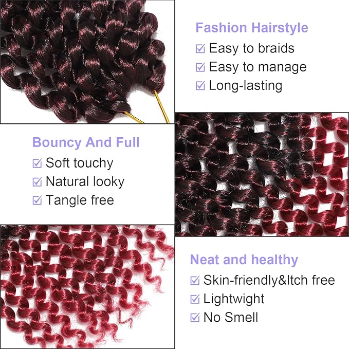 Burgundy Color Passion Twist Crochet Hair for Women 9 Packs 10 Inch Water Wave Short Twist Crochet Hair Curly Pre-looped Braiding Hair Extensions For Butterfly Locs Braids 1bbug