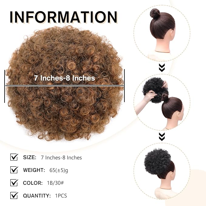 AISI QUEENS Synthetic Curly Puff Drawstring Ponytail Faux Buns Short Kinky Curly Hair Ponytail Hair Extension Updo Wrap Fiber Wig Large Size Black to Auburn Brown(1B/30#)