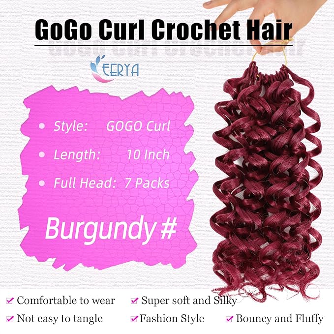 7 Packs GoGo Curl Crochet Hair 10 Inch Short Curly Crochet Hair for Women Burgundy Water Wave Beach Curl Deep Twist Crochet Braids Synthetic Braiding Hair Extensions (10 Inch, Burgundy)