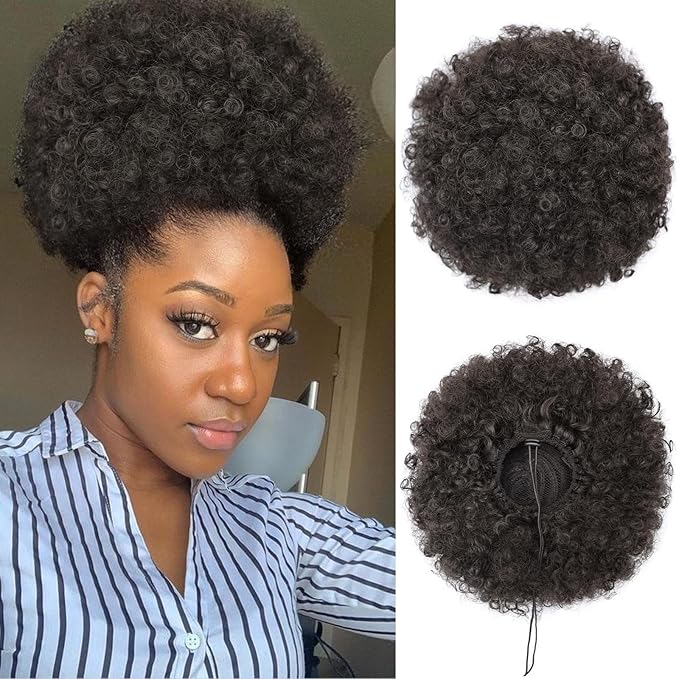 AISI QUEENS Afro Puff Drawstring Ponytail for Black Women, Black Brown Afro Bun Drawstring Ponytail,Short Kinky Curly Afro Ponytail Synthetic Hair Puffs (2#)