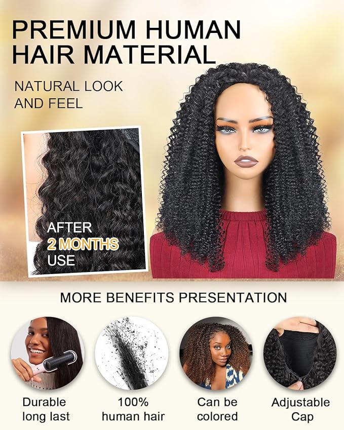 Kinky Curly Half Wig Human Hair 200% Density Wear And Go Glueless Wigs Human Hair Flexi-Fit Afro Curly 3 In 1 Half Wigs for Black Women Drawstring Seamless Flip Headband Wig 20 Inch