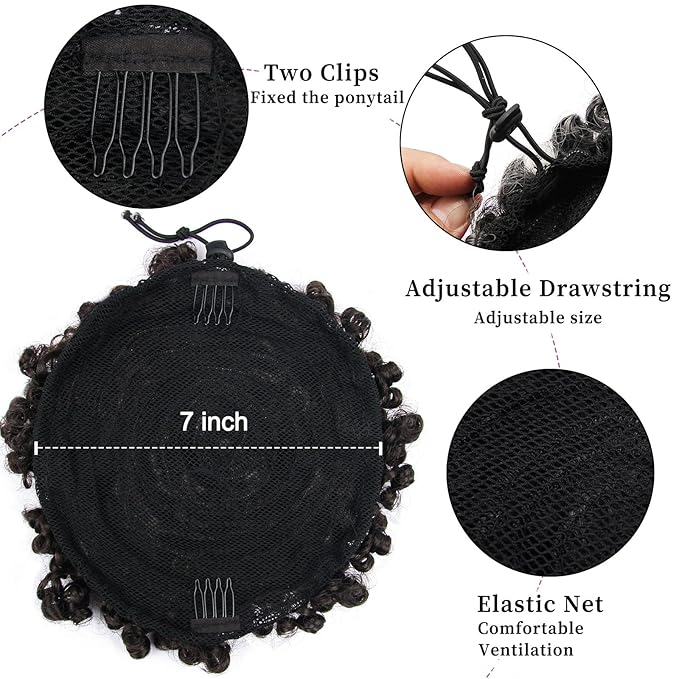 Afro Puff Ponytail for Black Women Culy Wavy Short Drawstring Ponytail Hair Extension Synthetic Mini Afro Bun(Dark Gray#)