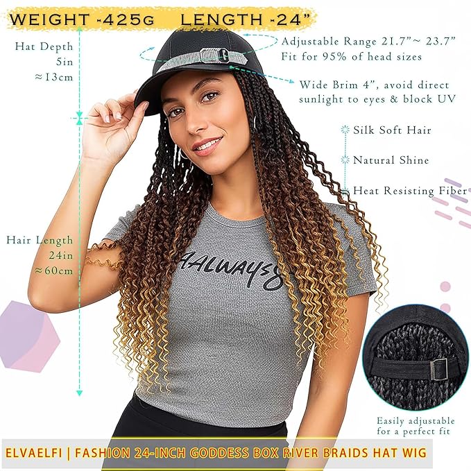 Hat Wigs 24-Inch Crochet Boho Braids Curly Ends, Ombre Brown Goddess Box Braids Crochet Hair Wig for Women