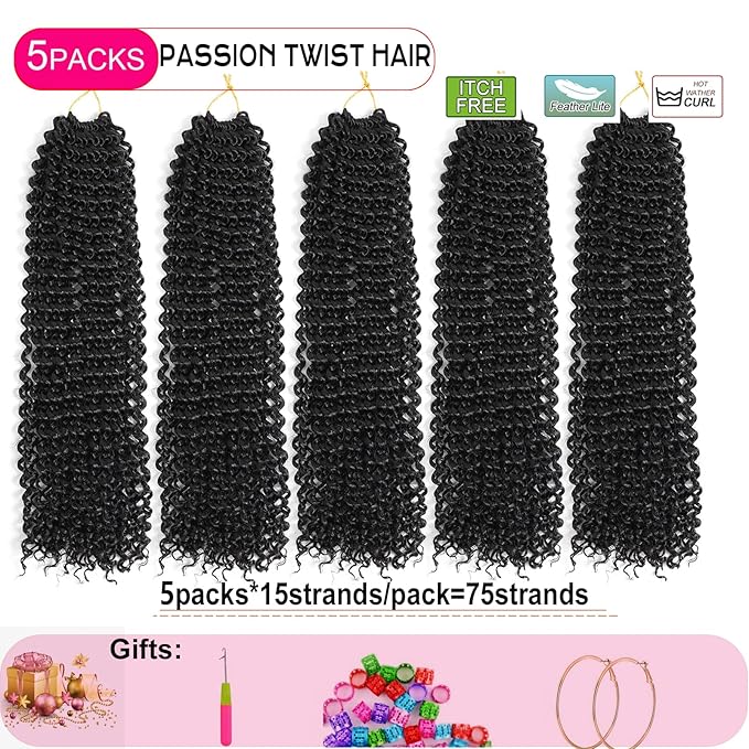Short Passion Twist Hair,10 Inch 5 Packs Water Wave Crochet Hair Black Wrap Braiding Hair For Passion Twist Crochet Hair/Butterfly Locs/Spring Twist Crochet Hair Braids (10 Inch,5pcs,1B#)