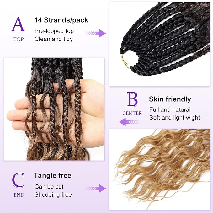 Eacia Goddess Box Braids Crochet Hair 14 Inch 7 Packs Ombre Pre Looped Crochet Hair with Curly Ends Short Boho Box Braids for Women(14 Inch, T1B/30/27#)