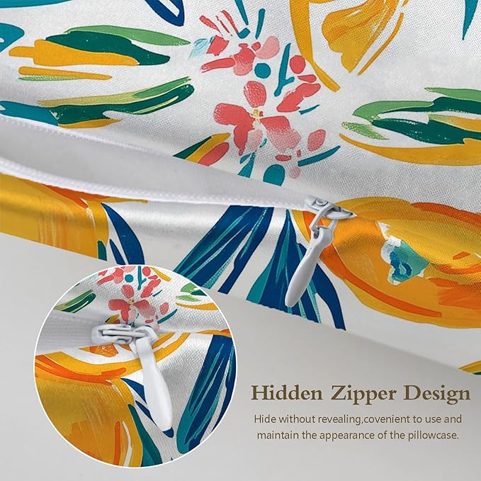 Satin Pillowcase with Zipper for Hair and Skin Abstract Orange and Leaves 1 Pack Soft Silk Pillow Case Standard Size Wrinkle-Free Smooth and Cooling Satin Pillow Cover 20”x26”