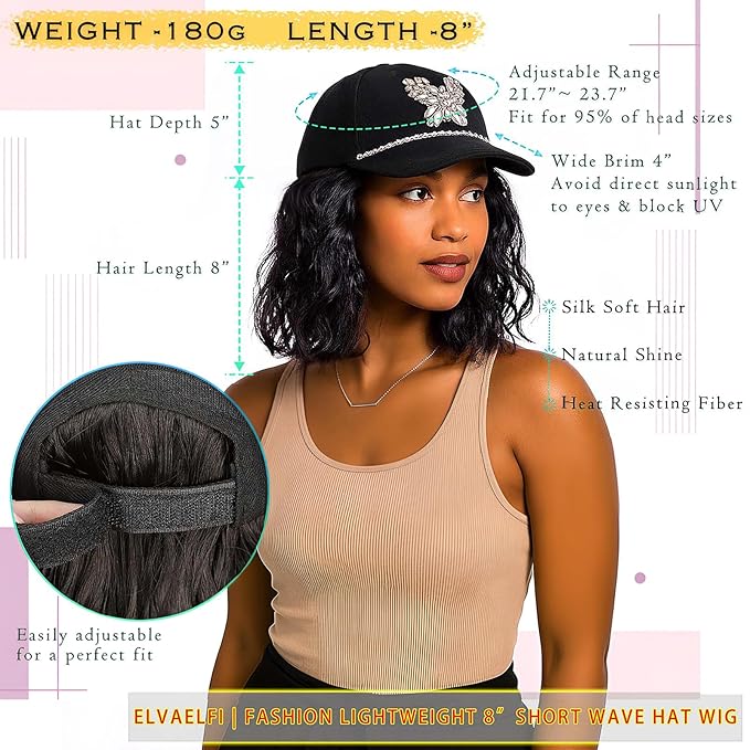 8-Inch Wavy Synthetic Hat Wig, Black Short Bob Wig for Women Ago, Baseball Cap with Hair Attached