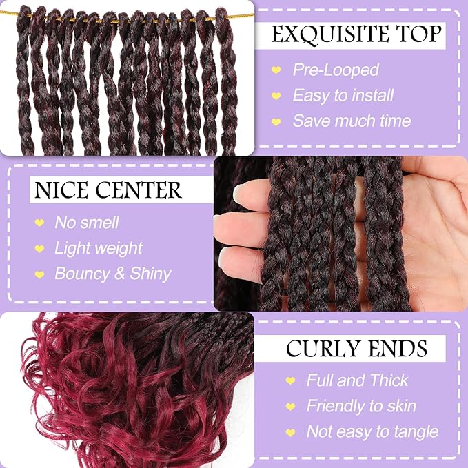 Ombre French Curl Crochet Braids 24 Inch Goddess Box Braids Crochet Hair for Women 8 Packs Burgundy Pre Looped Crochet Box Braid with Curly Ends Synthetic French Curly Braiding Hair Extensions 1B/BUG