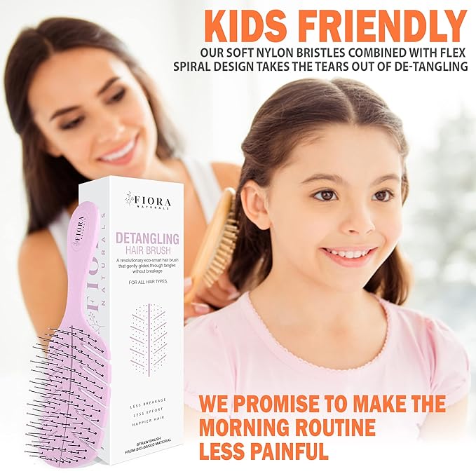 Detangler Brush by Fiora Naturals - 100% Bio-Friendly Detangling brush w/Ultra-Soft Bristles - Glide Through Tangles with Ease - For Curly, Fine, Black Natural, Women, Men, Kids - Dry and Wet Hair