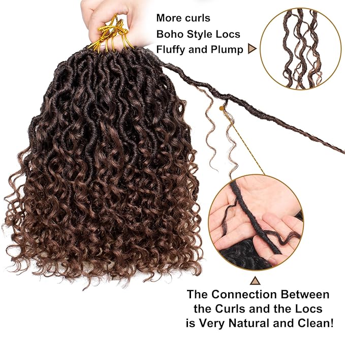 COOKOO 8 Packs Short Goddess Faux Locs Hair 12 Inch 14 Strands/Pack Pre-looped Ombre Brown Goddess Locs Crochet Hair Bohemian Locs Crochet Hair with Curls River Locs Synthetic Hair Extentions T30#